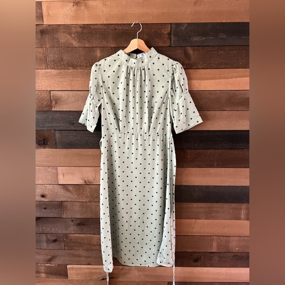 ZAPAKA Sage Green Polka Dot Puff Sleeve Midi Dress Cottagecore Inspired - Picture 9 of 11